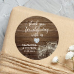 Customized Rustic Mason Jars Wood Hearts Wedding Classic Round Sticker<br><div class="desc">Lovely rustic wood with mason jars wedding stickers/labels for your gifts. Script calligraphy letters. Faux heart diamond to add a little touch of class / bling! Personalize as you wish.</div>