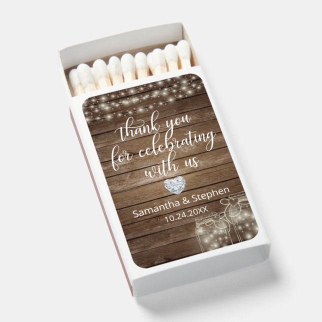 Customized Rustic Mason Jars Wood Hearts Wedding Matchboxes (Front Open)