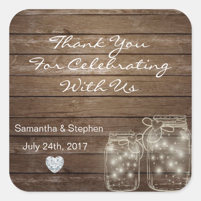 Customized Rustic Mason Jars Wood Hearts Wedding Square Sticker (Front)