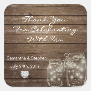 Customized Rustic Mason Jars Wood Hearts Wedding Square Sticker