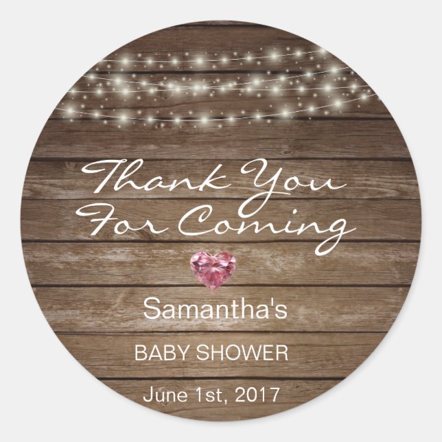 Customized Rustic String Lights Baby Shower Wood Classic Round Sticker (Front)