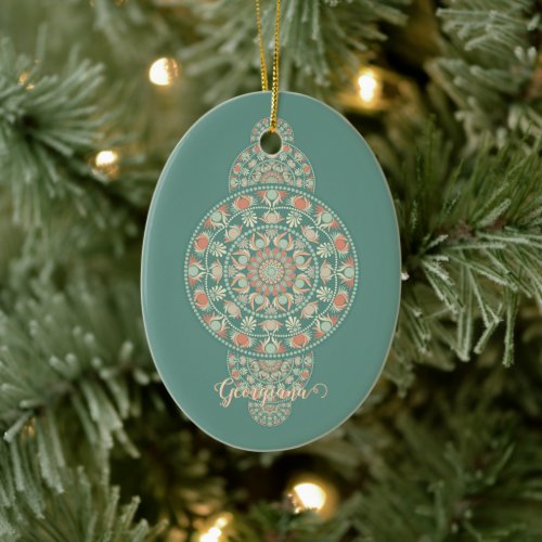 Customized Sage &amp; Sand Retro Ornamental Mandala Ceramic Ornament