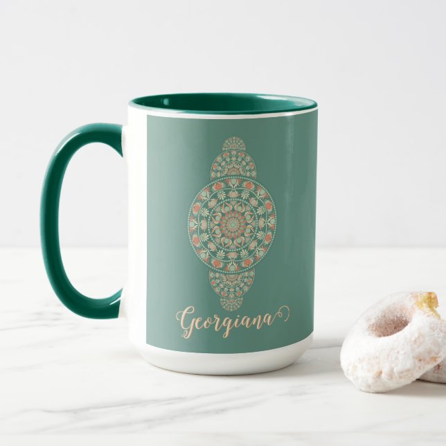 Customized Sage & Sand Retro Ornamental Mandala Mug (With Donut)