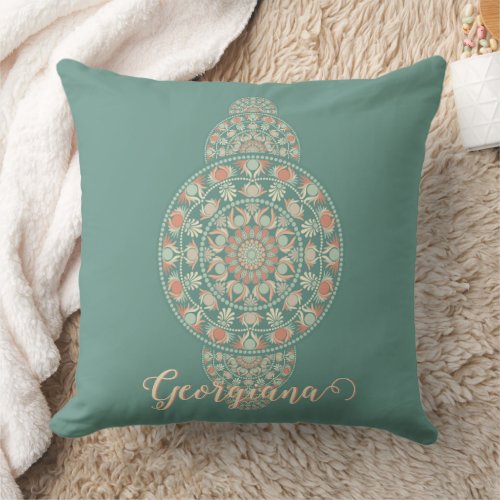 Customized Sage &amp; Sand Retro Ornamental Mandala Throw Pillow