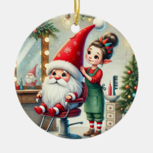 Customized Santa's Hair Stylist Gnome Ceramic Ornament