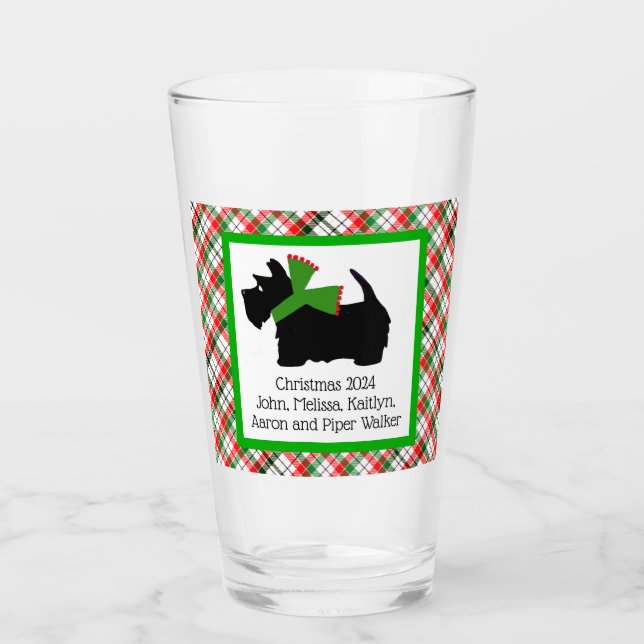 Customized Scotty Dog and Tartan Merry Christmas Glass (Front)