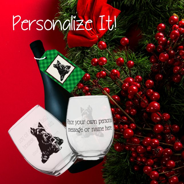 Customized Scotty Dog Holiday Wine Glass (Handsome Scottish Terrier enjoys a glass of wine. Personalize the back!)