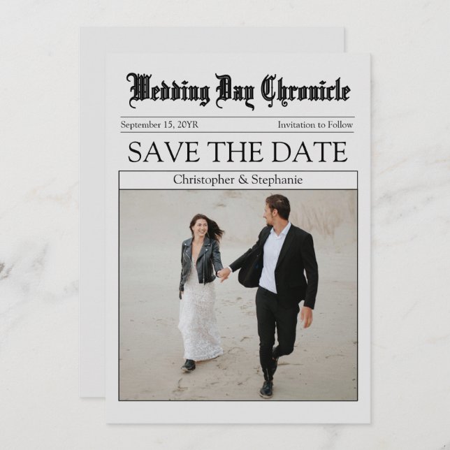 Customized Script Minimalist QR Code Newspaper Save The Date (Front/Back)