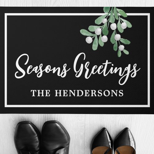 Customized Seasons Greetings Black Christmas Doormat