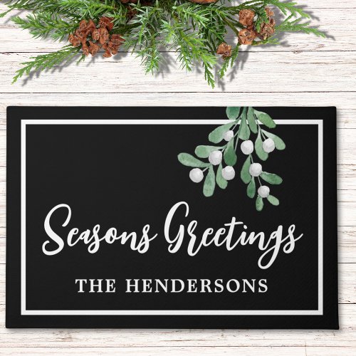 Customized Seasons Greetings Black Christmas Doormat