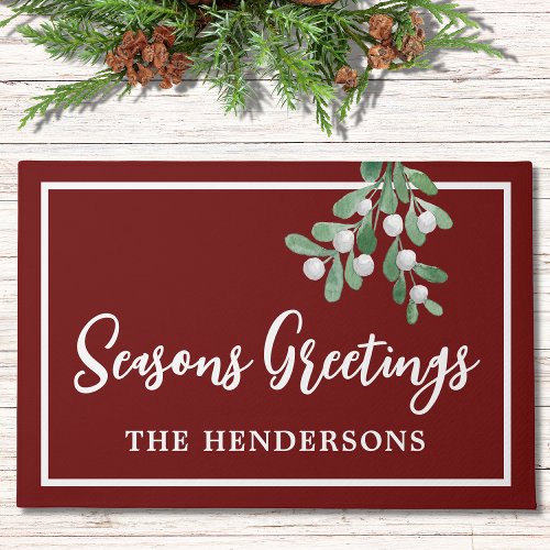 Customized Seasons Greetings Maroon Christmas Doormat