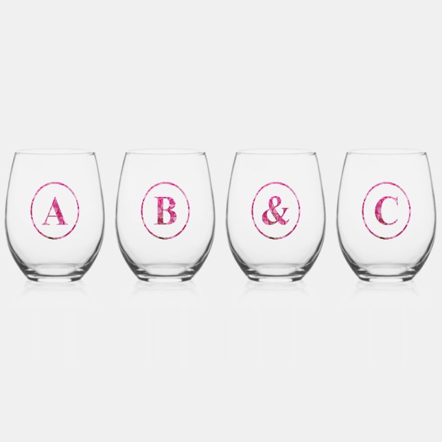 Customized Set, Pink Monogrammed Floral Lettering Stemless Wine Glass (Front)