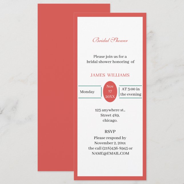 Customized Simple Red Bridal Shower Invitation (Front/Back)