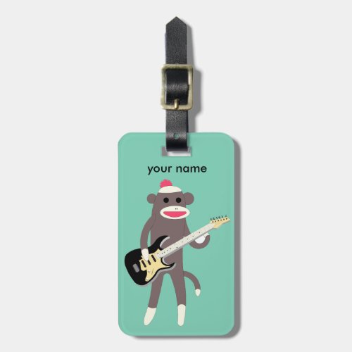 Customized Sock Monkey Rocks w Electric Guitar Luggage Tag