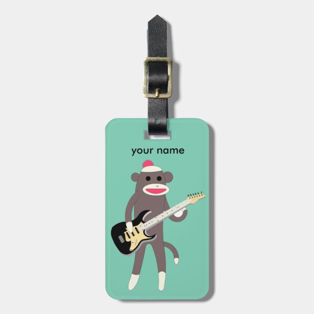Customized Sock Monkey Rocks w/ Electric Guitar Luggage Tag (Front Vertical)