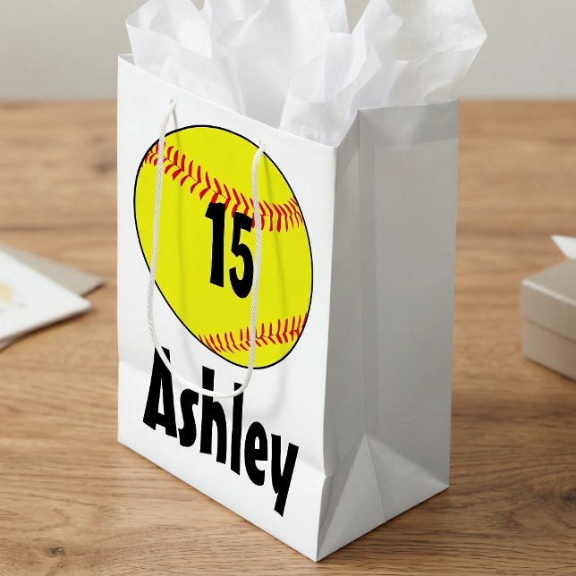 Customized Softball Gift Bags (Custom softball gift bags on table. Great for softball team parties or birthdays.)