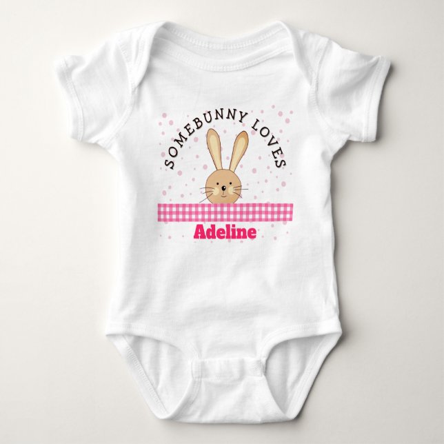 Customized Somebunny Loves You Pink Baby Bodysuit (Front)
