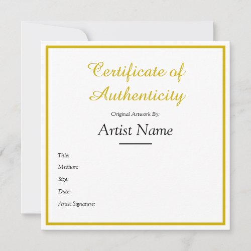 Customized Square Gold Certificate of Authenticity Note Card