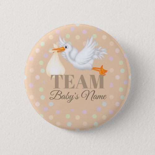 Customized Stork Team Neutral Baby Shower Button