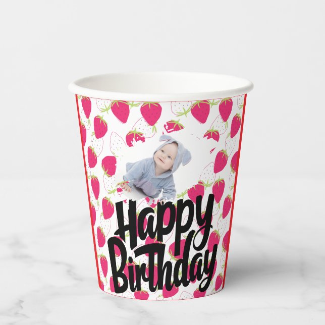 Customized Strawberry Pattern Happy Birthday Paper Cups (Front)