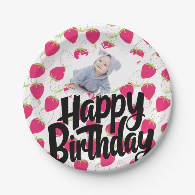 Customized Strawberry Pattern Happy Birthday  Paper Plates (Front)