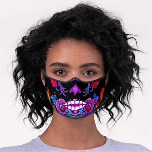 Customized Sugar Skull Catrina Cute Flowers Black Premium Face Mask