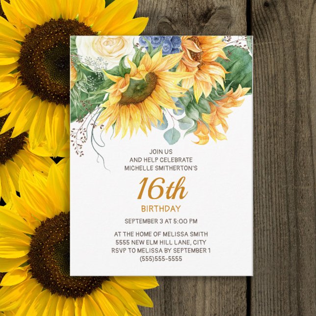 Customized Sunflowers Eucalyptus 16th Birthday Postcard (Sunflowers and eucalyptus 16th birthday party postcard invitation)