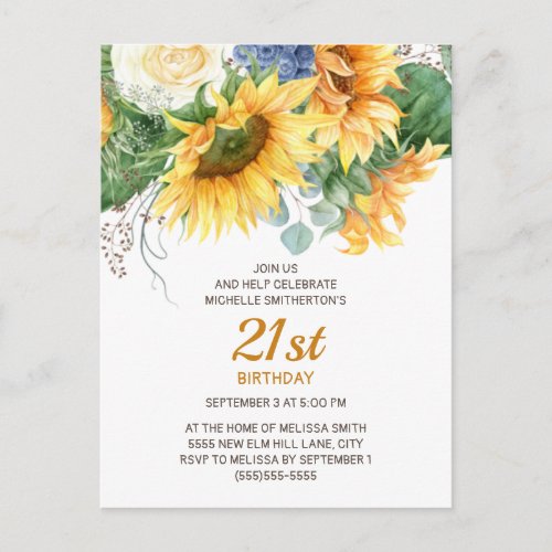 Customized Sunflowers Eucalyptus 21st Birthday Postcard