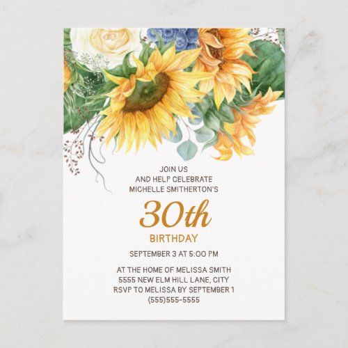Customized Sunflowers Eucalyptus 30th Birthday Postcard