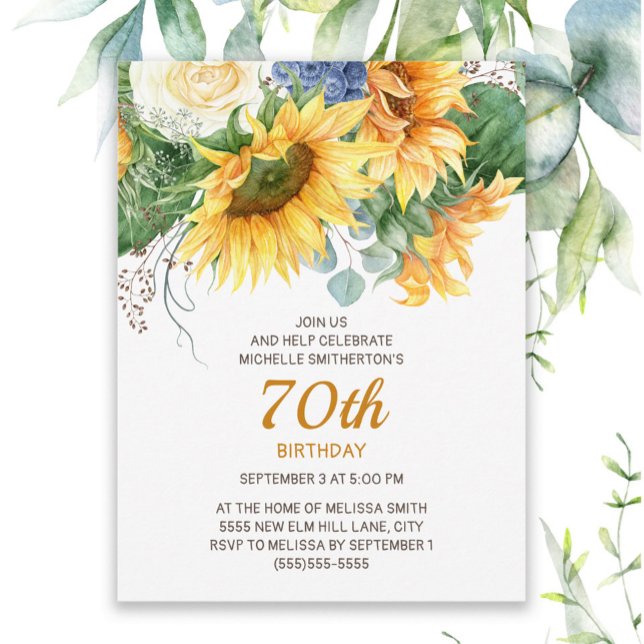 Customized Sunflowers Eucalyptus 70th Birthday Postcard (Sunflowers and eucalyptus women's 70th birthday party postcard invitation)