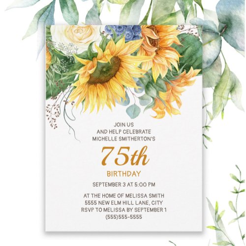 Customized Sunflowers Eucalyptus 75th Birthday Postcard