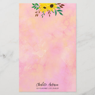 Customized Sunflowers Floral Pink Watercolor Stationery