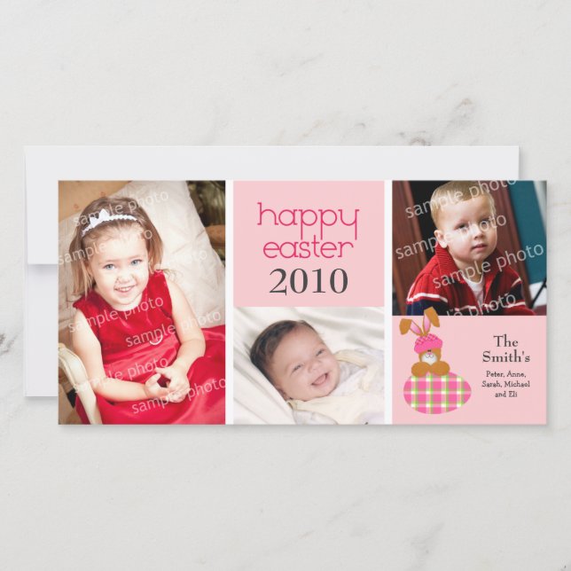 Customized Sweet Happy Easter 3-Photo Card: pink Holiday Card (Front)