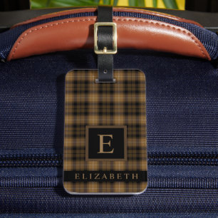 Customized Tan Brown Black Checkered Pattern Luggage Tag