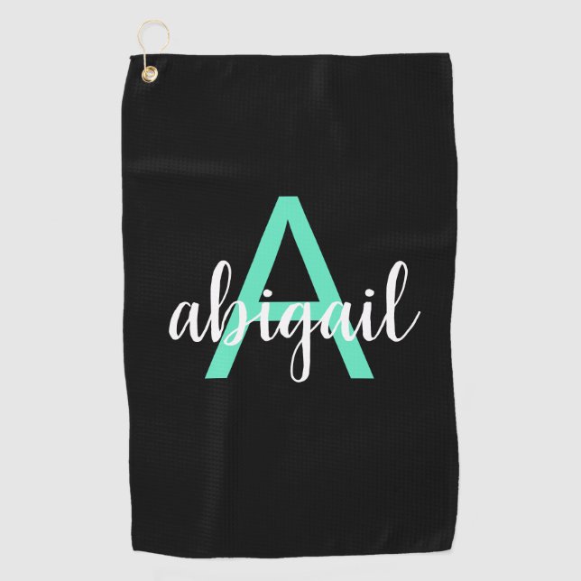 Customized Teal Black Girly Modern Monogram Name Golf Towel (Front)
