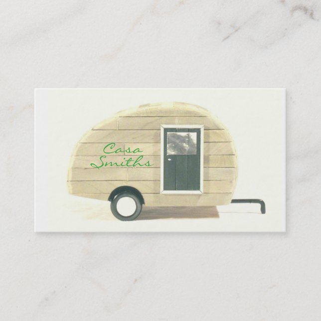 Customized teardrop Vintage camper tan Business Card (Front)