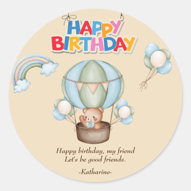 Customized teddy bear, happy birthday classic round sticker (Front)