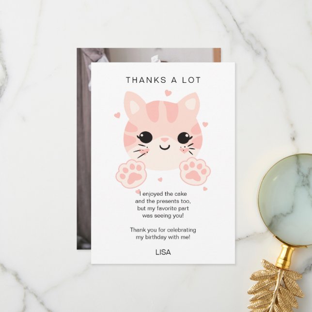 Customized text, photos, cute cat face and paw thank you card (Front/Back In Situ)