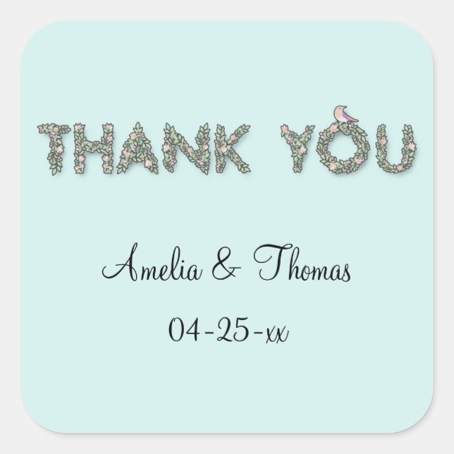 Customized Thank You Floral Text Square Sticker (Front)