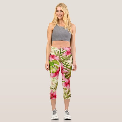 Customized Tropic Hibiscus Floral Pattern Capri Leggings