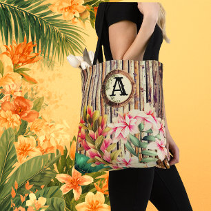 Customized Tropical Bamboo & Flowers Monogram  Tote Bag
