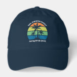 Customized Tropical Island Trip Palm Trees Hat<br><div class="desc">These cool personalized tropical beach sunset hats feature 3 palm trees silhouetted against an orange and blue sky accented with yellow and green at the coast. Customize for a great family trip keepsake trucker hat for your coastal getaway this spring break or summer or ocean cruise vacation.</div>