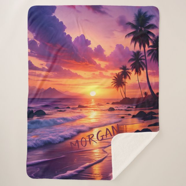 Customized Tropical Sunset Beach – Dreamy Coastal Sherpa Blanket (Front)