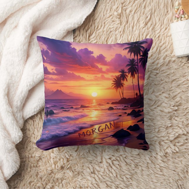 Customized Tropical Sunset Beach – Dreamy Coastal Throw Pillow (Blanket)