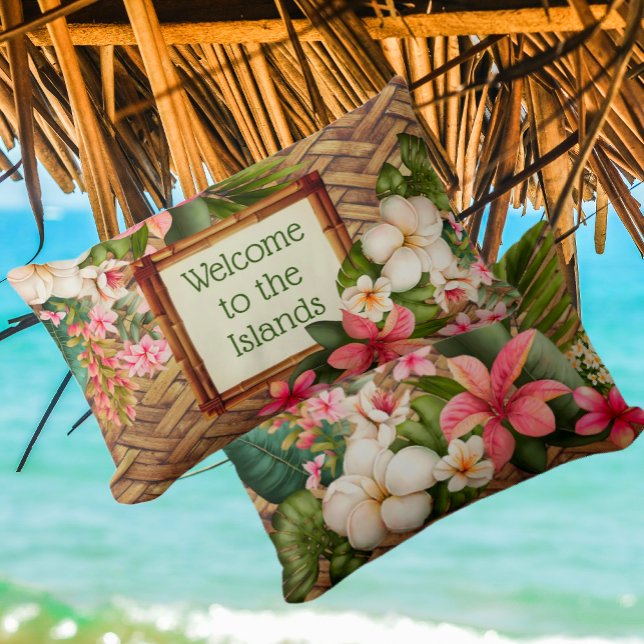 Customized Tropical Welcome to the Islands Lumbar Pillow (You can customize this charming pillow with faux rattan background and exotic flowers and greenery )