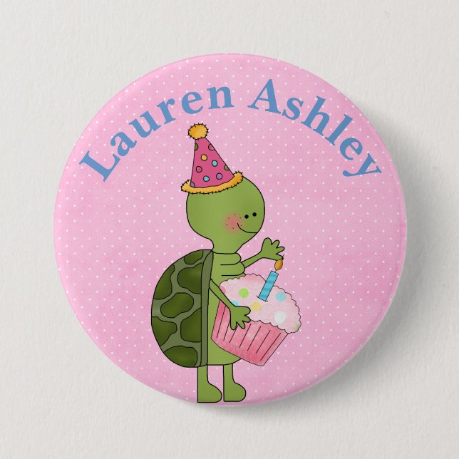 Customized Turtle and Cupcake  Birthday Button (Front)