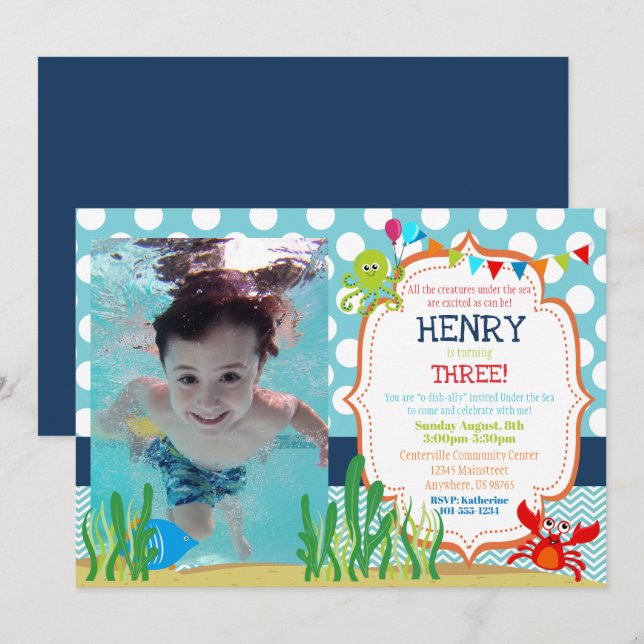 Customized Under the Sea Birthday Party Invitation (Front/Back)
