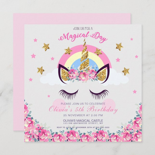 Customized Unicorn Floral 5th Birthday Invitation  (Front/Back)
