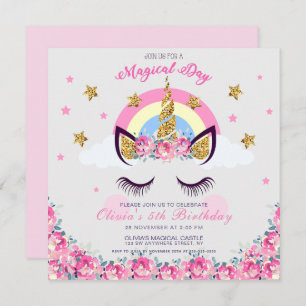 Customized Unicorn Floral 5th Birthday Invitation