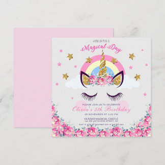 Customized Unicorn Floral 5th Birthday Invitation